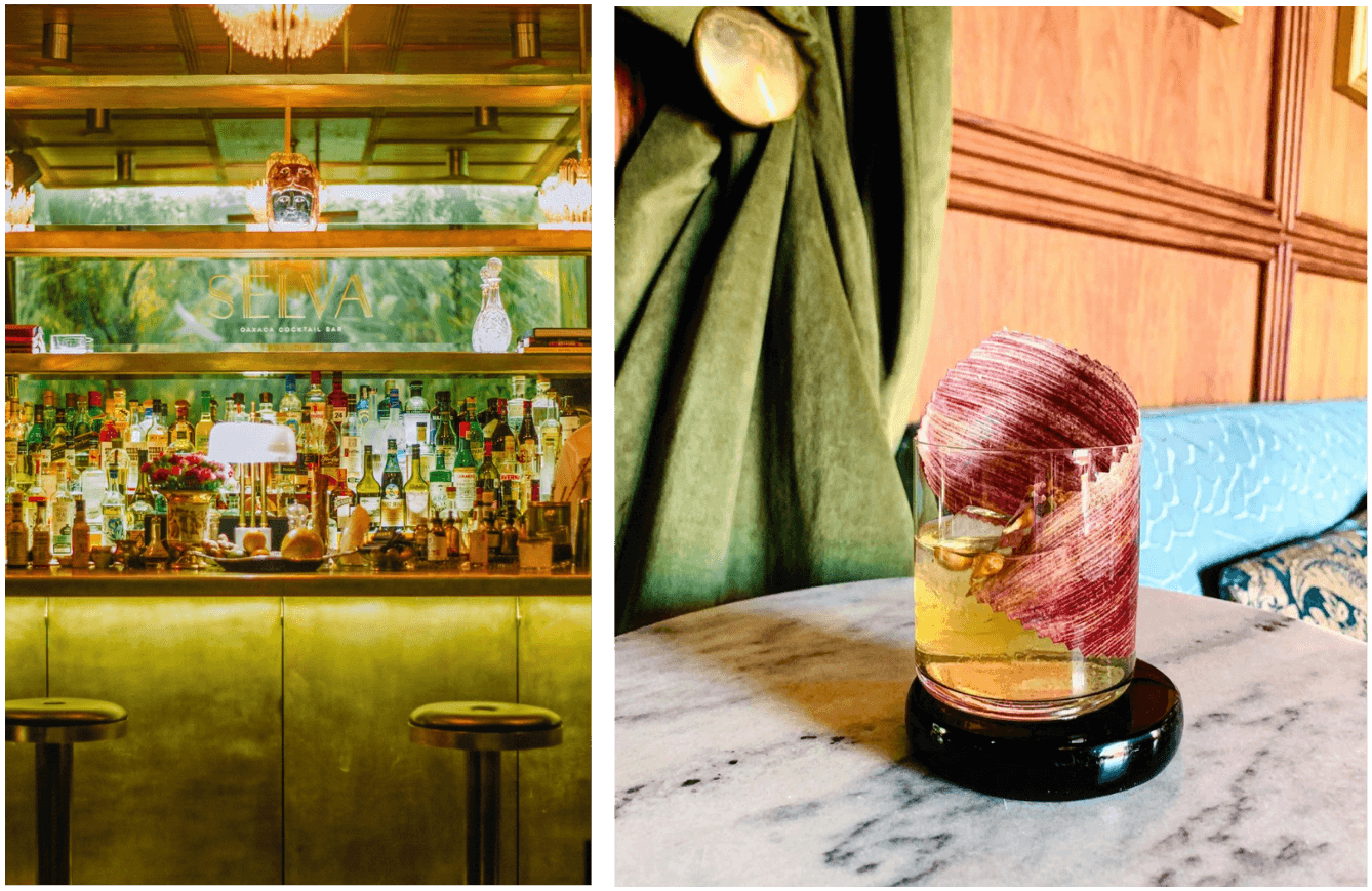 Two pictures of a green bar and cocktail on a marble table