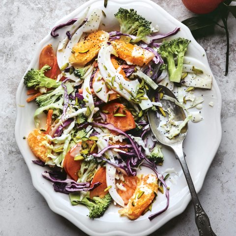 Colourful coleslaw on a white plate