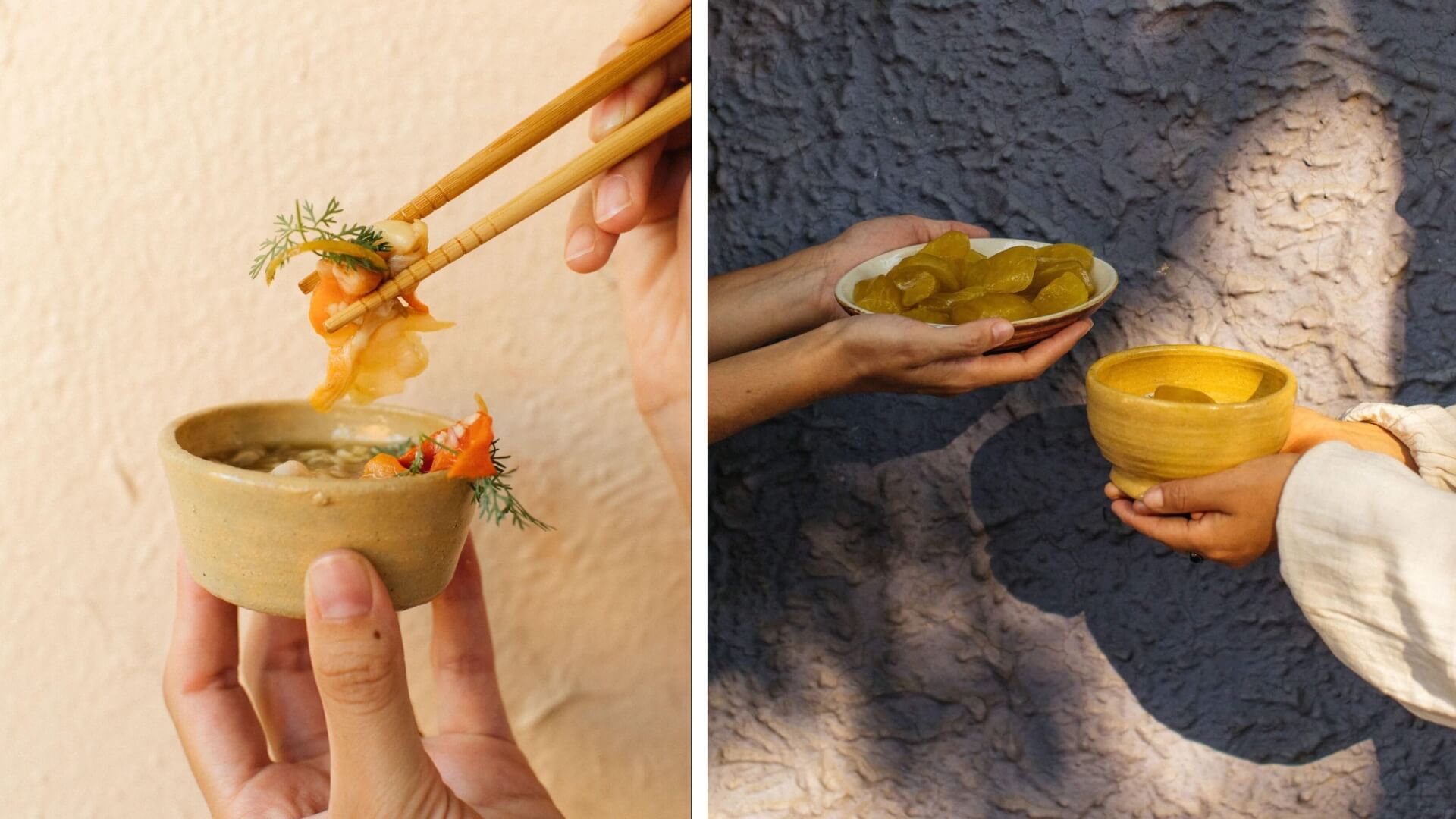 Two pictures of people holding bowls of food