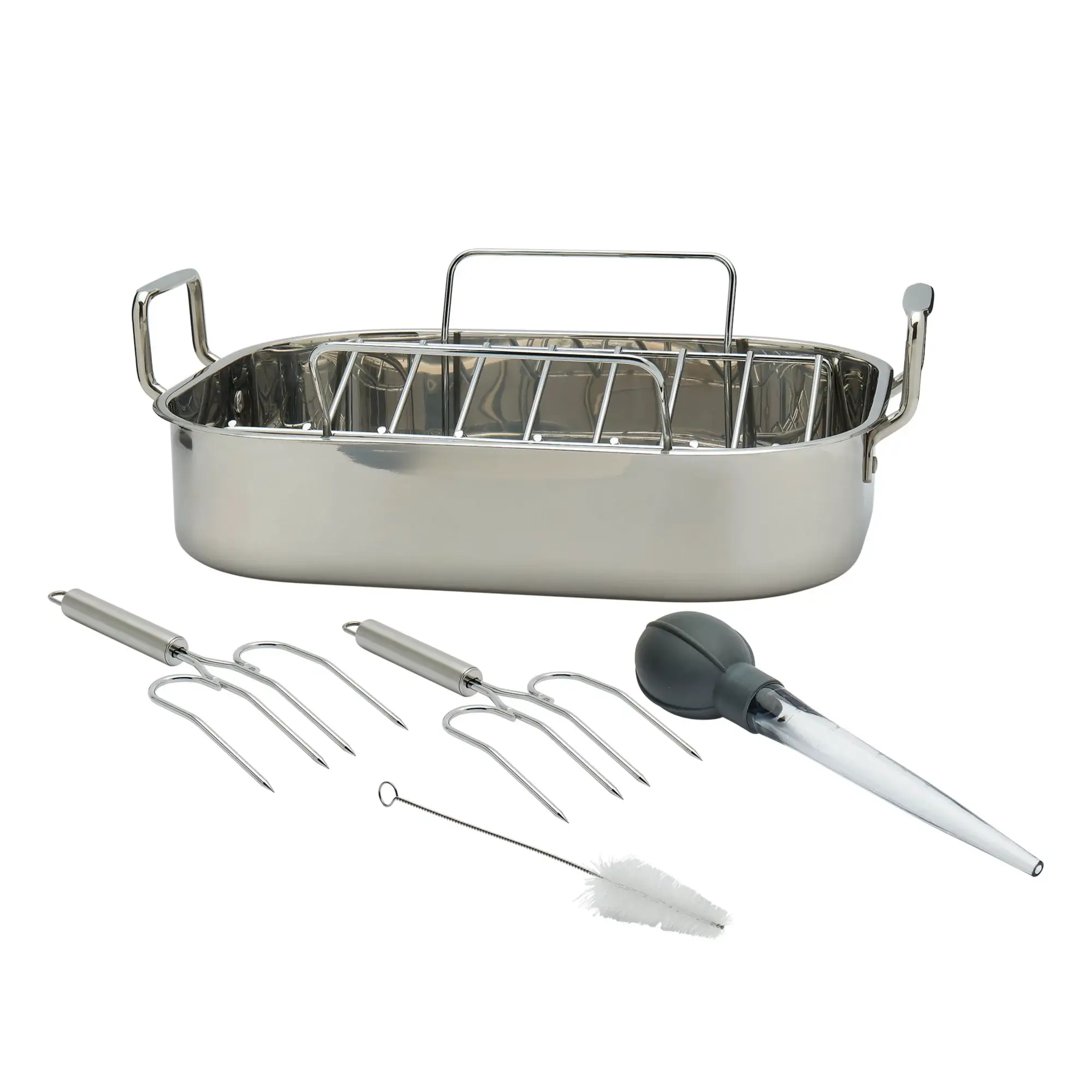 A steel roasting pan with rack, baster and holders