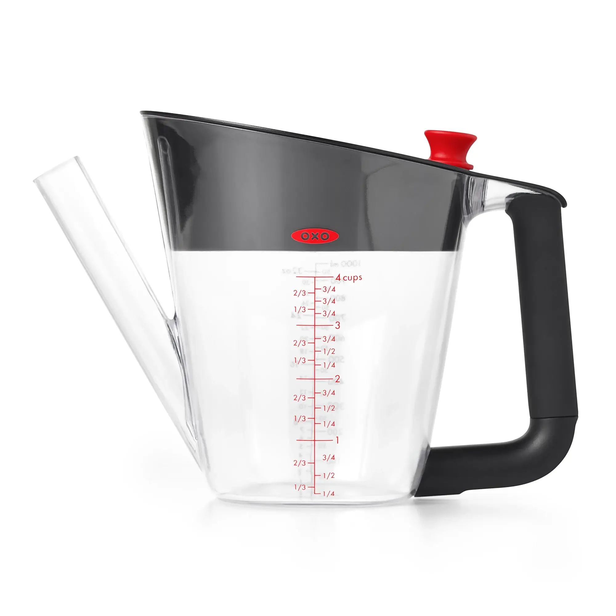 A measuring cup with black handle and lid