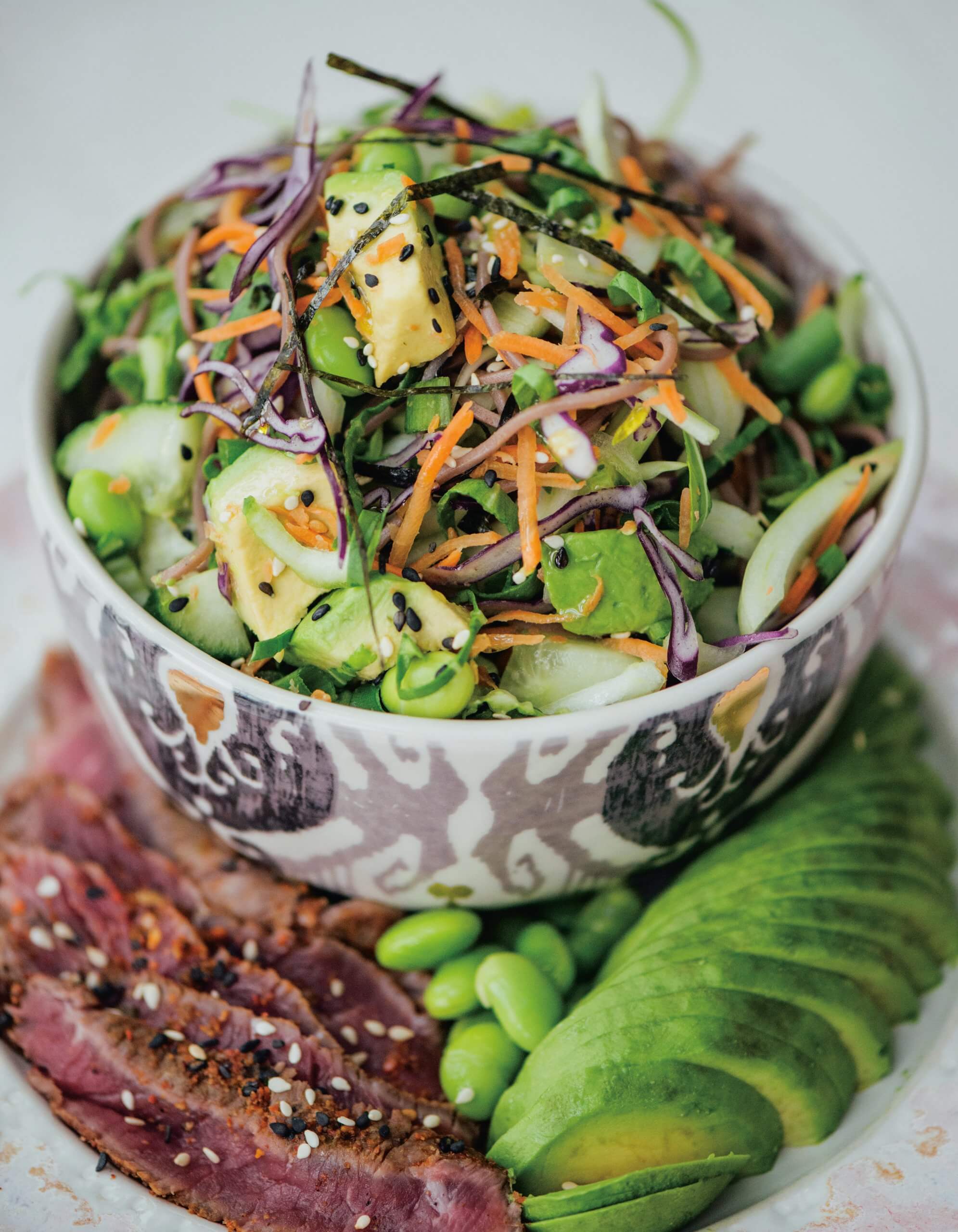 A bowl of salad with steak and avocado