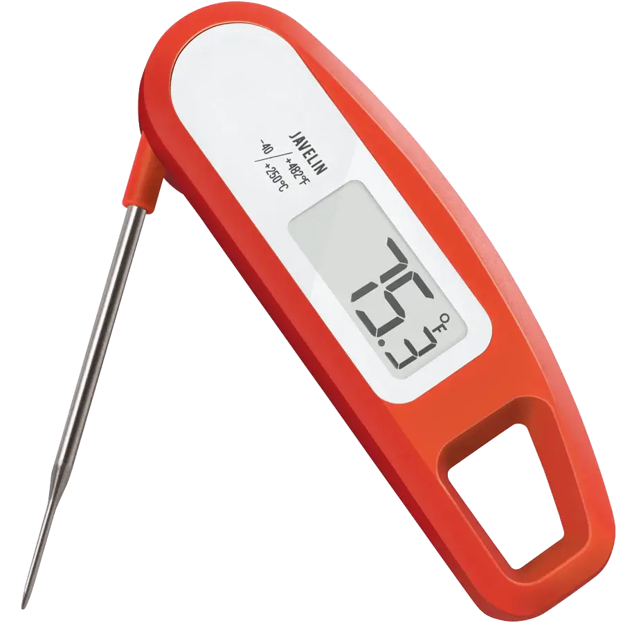 A folding meat thermometer with orange-red handle