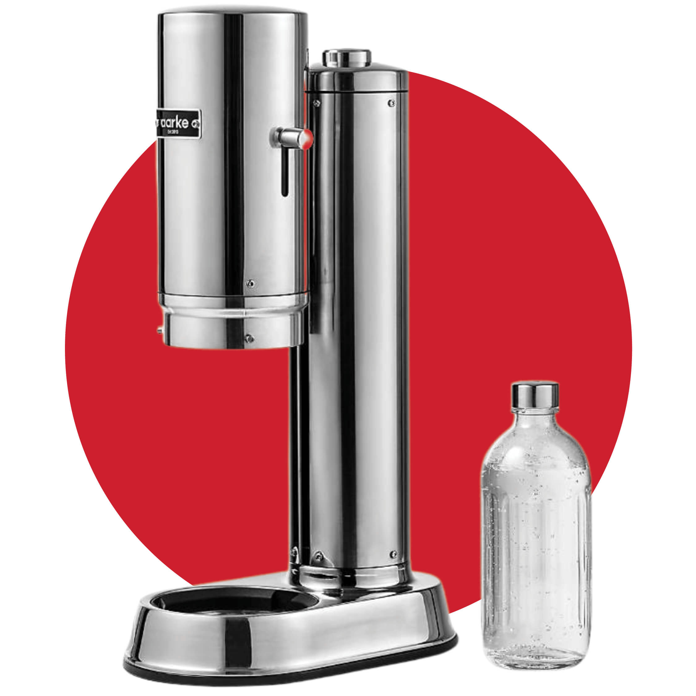 A silver soda maker over a red circle