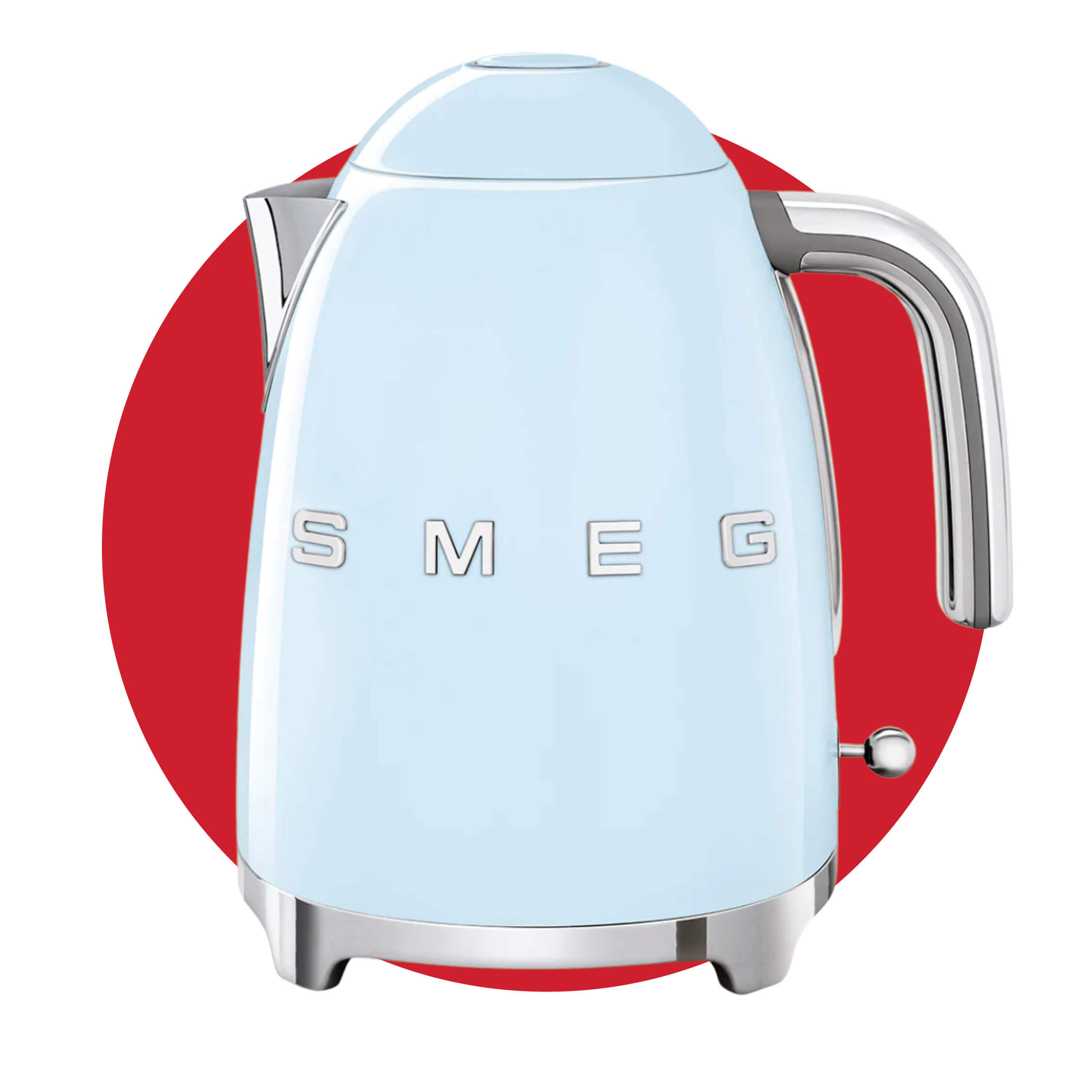 A light blue kettle on a red circle