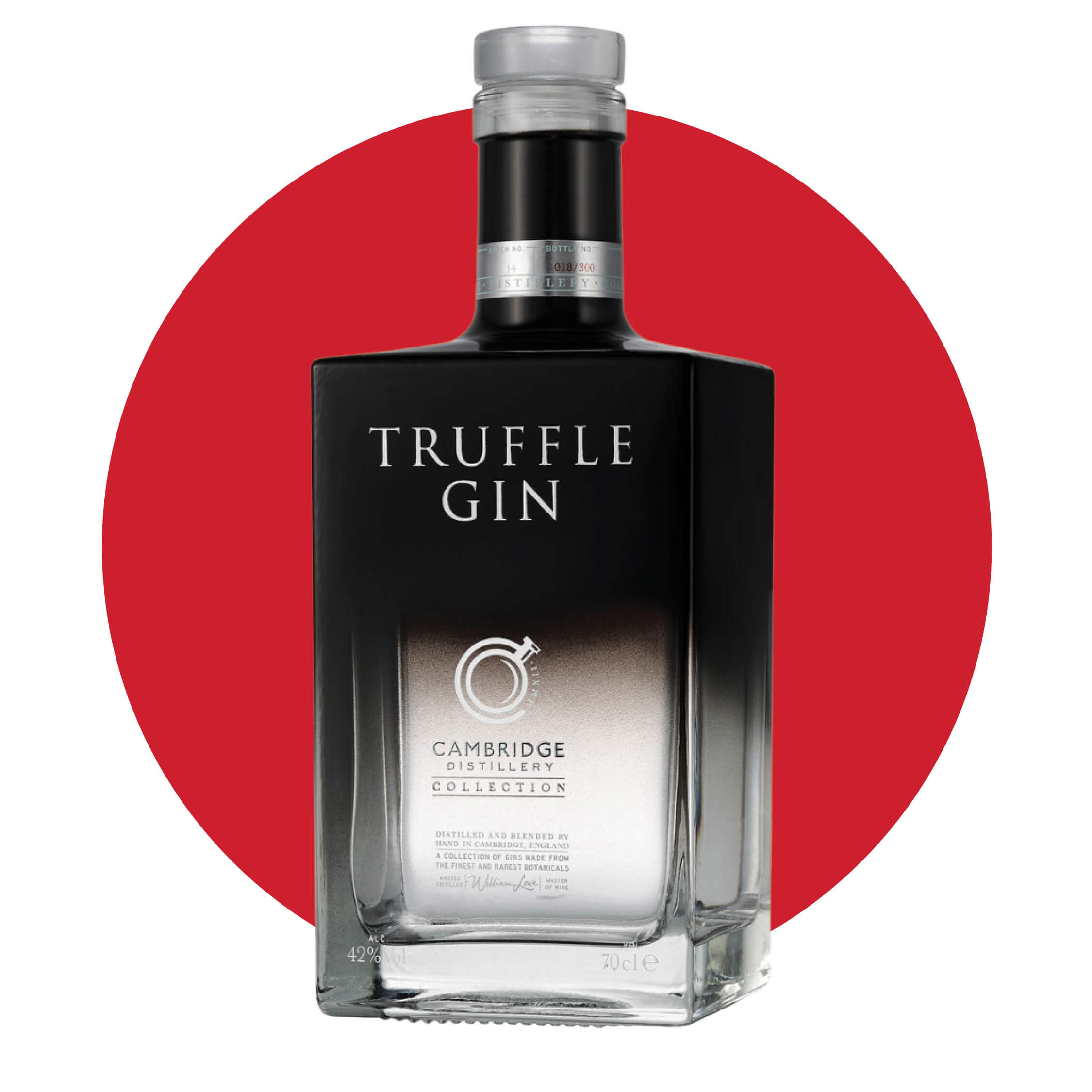 A black and crystal bottle of gin on a red circle