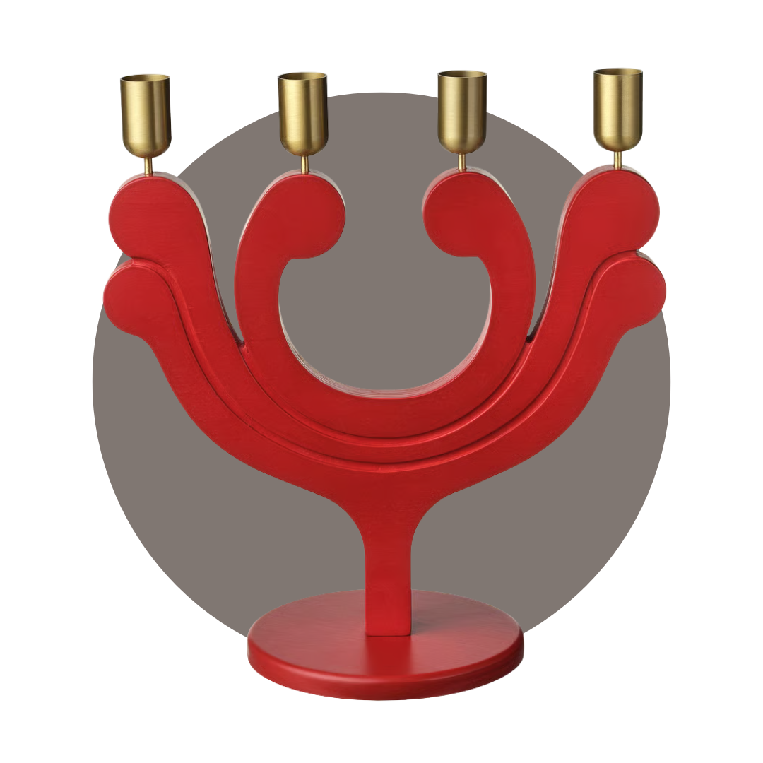 Red candlestick with four gold inserts to hold four candles. 