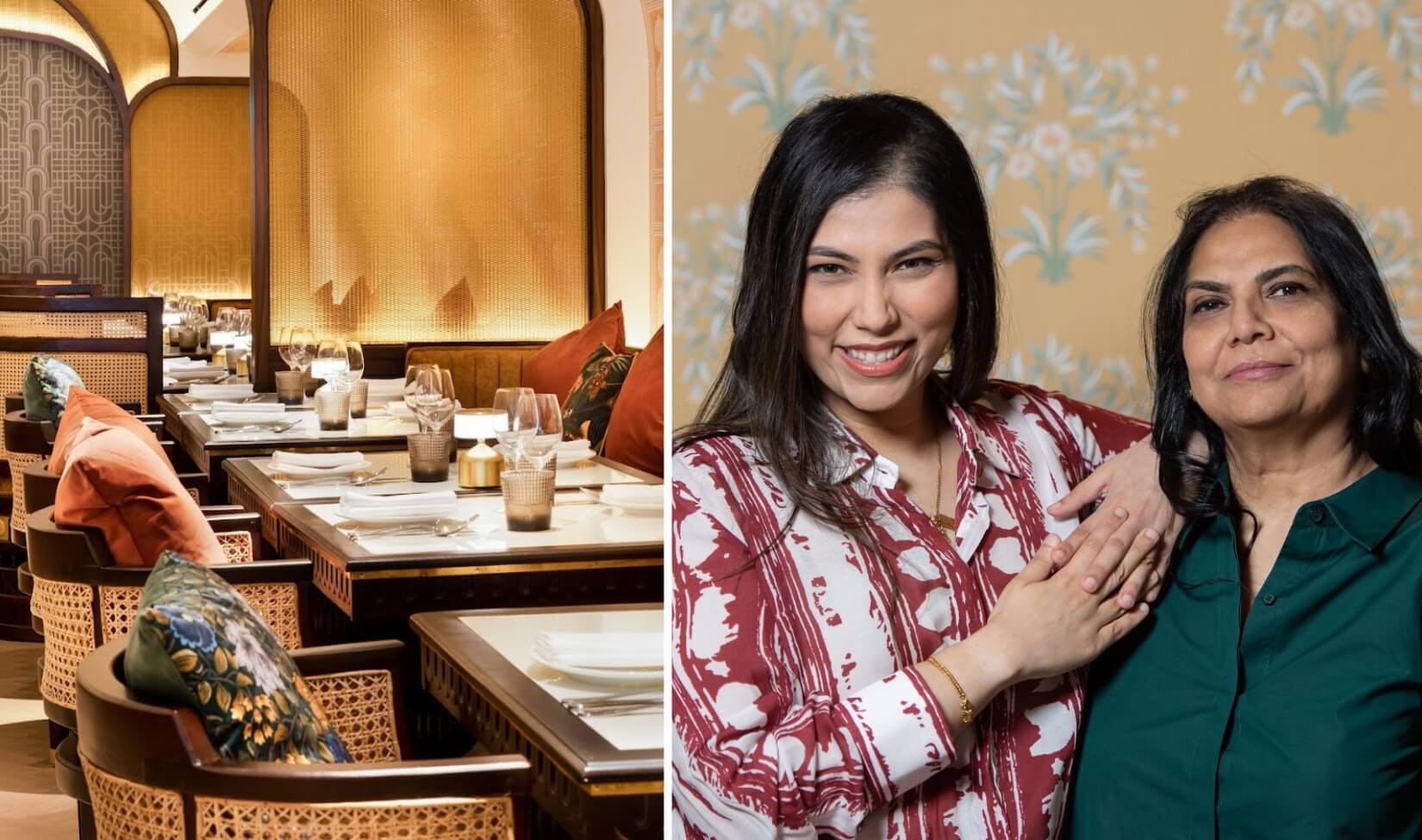 Left: A restaurant dining room decorated in warm tones. Right: Two women smiling with their arms around each other in front of gold wallpaper.