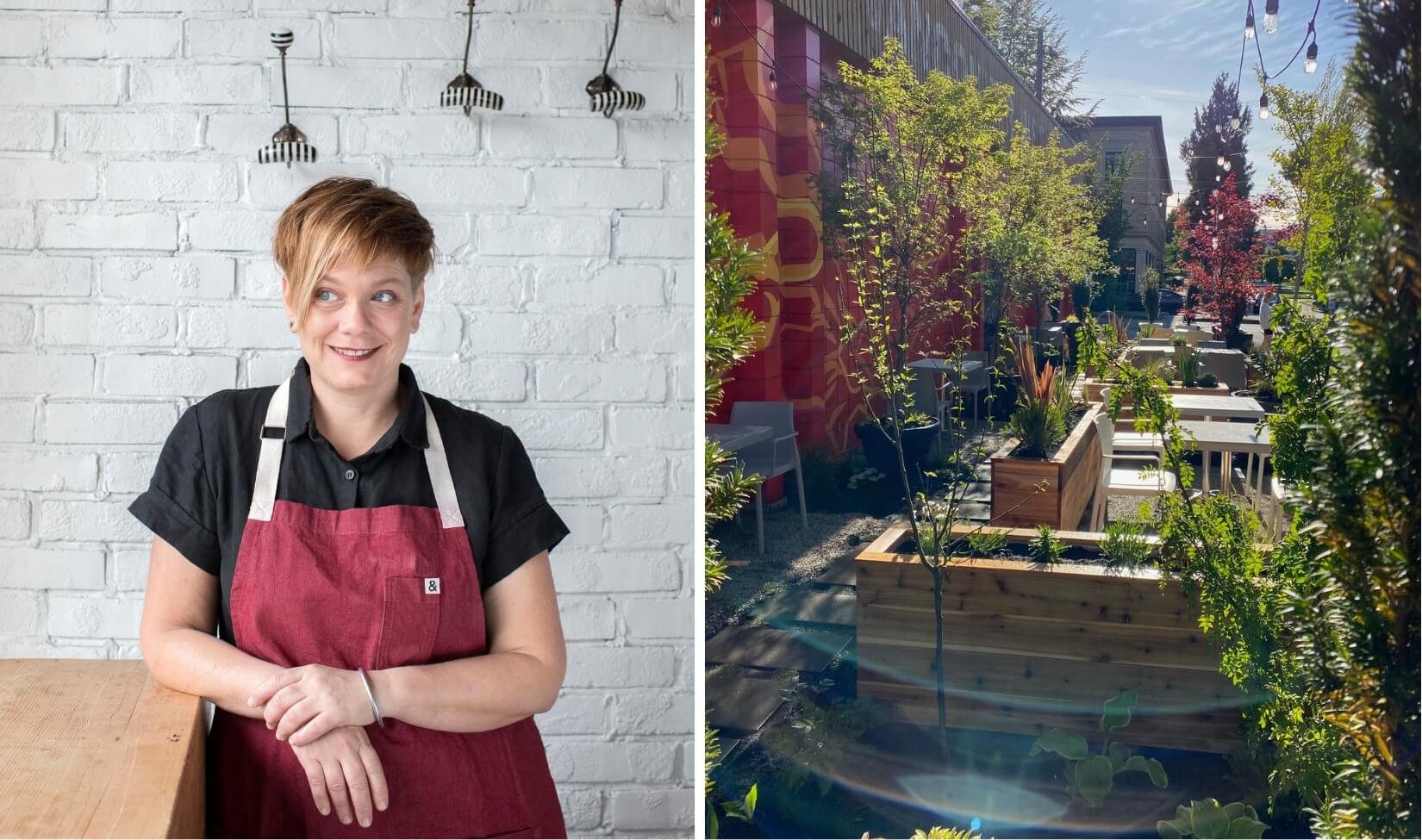 Left: A woman, Andrea Carlson, smiles in a red apron in front of a white brick wall. Right: A restaurant patio in the daytime with greenery and string lights.