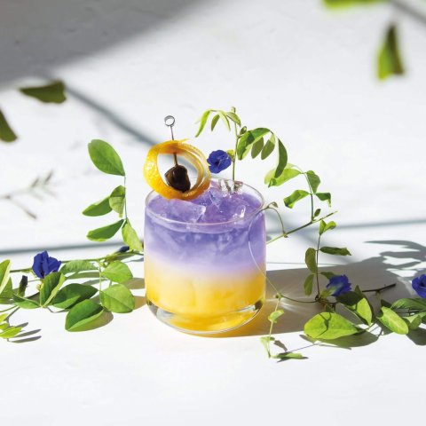A two-toned yellow and purple cocktail with green leaves.