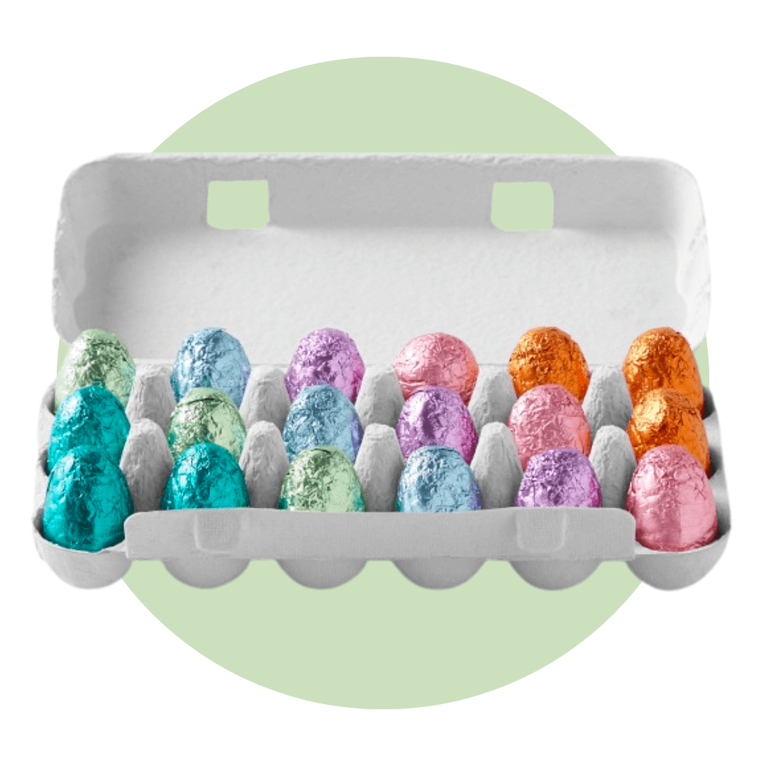 egg carton with colourful tinfoil wrapped eggs