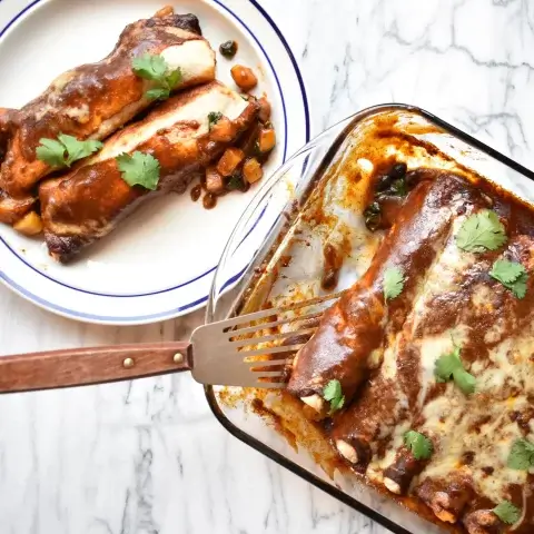 Enchiladas in a baking dish and on a plate.