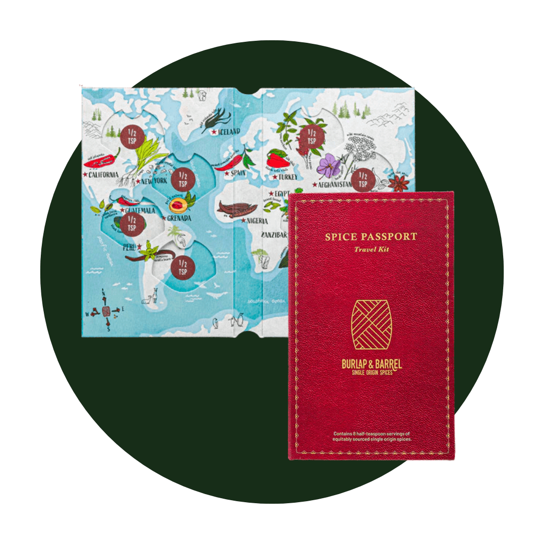 A small map and red passport cover on a dark green circle