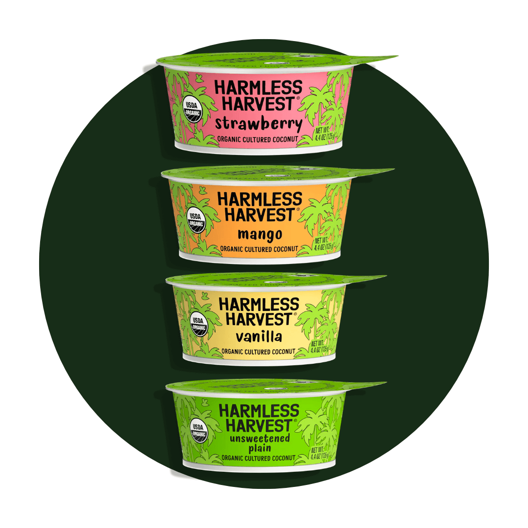 Four containers of yogurt on a dark green circle