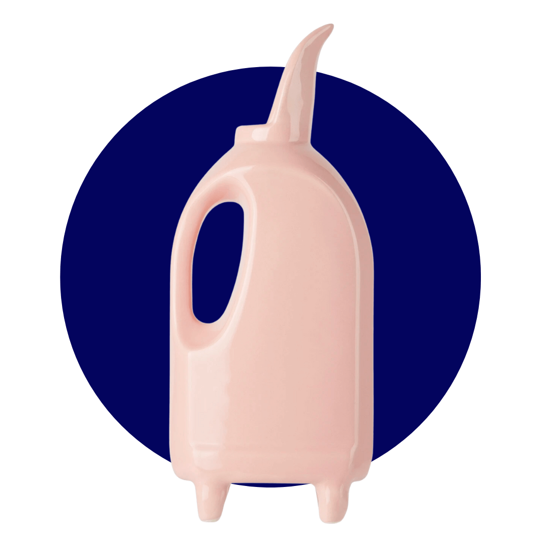 A light pink ceramic laundry soap jug on a light green circle graphic