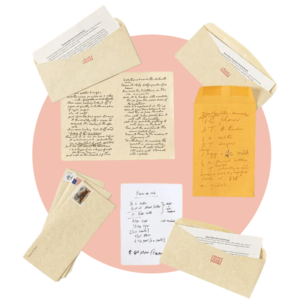Handwritten letters and envelopes on a light pink circle graphic