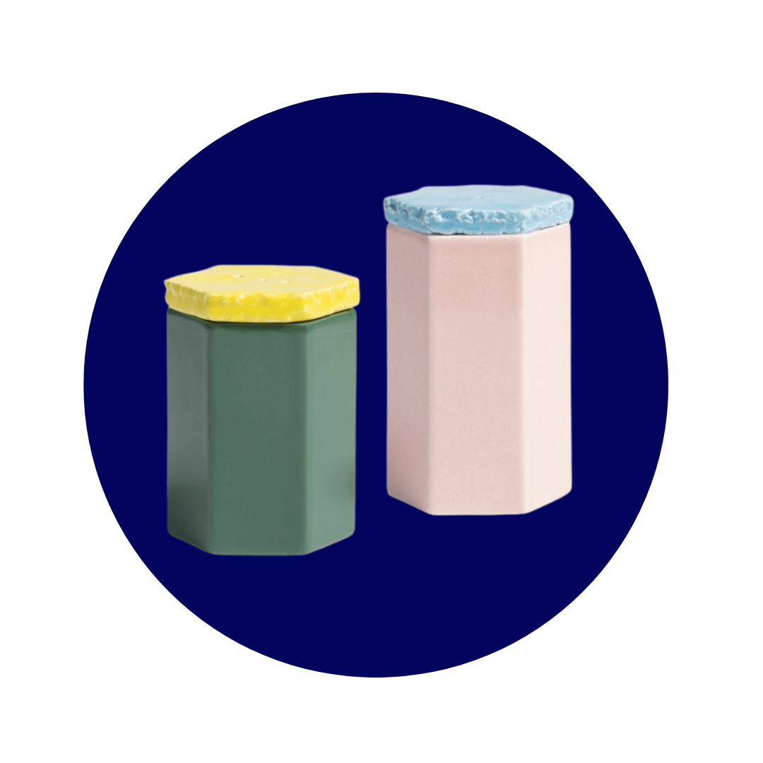 Two multicoloured jars on a dark blue circle graphic