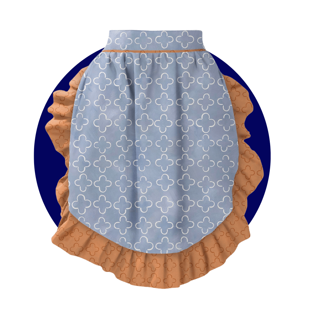 A brown and light blue skirt apron on a dark blue circle graphic