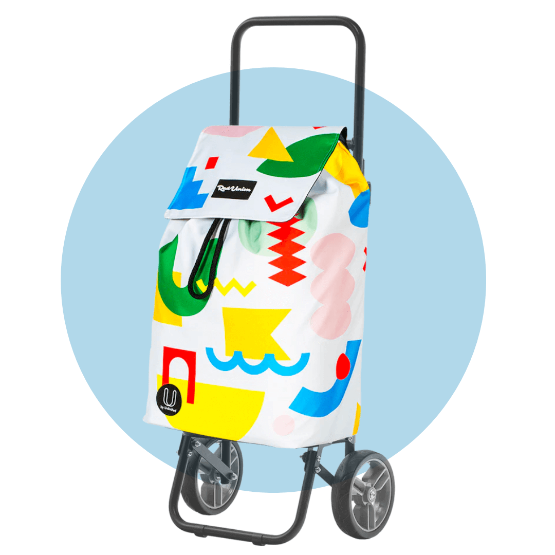 A wheeled shopping trolley with a colourful abstract pattern