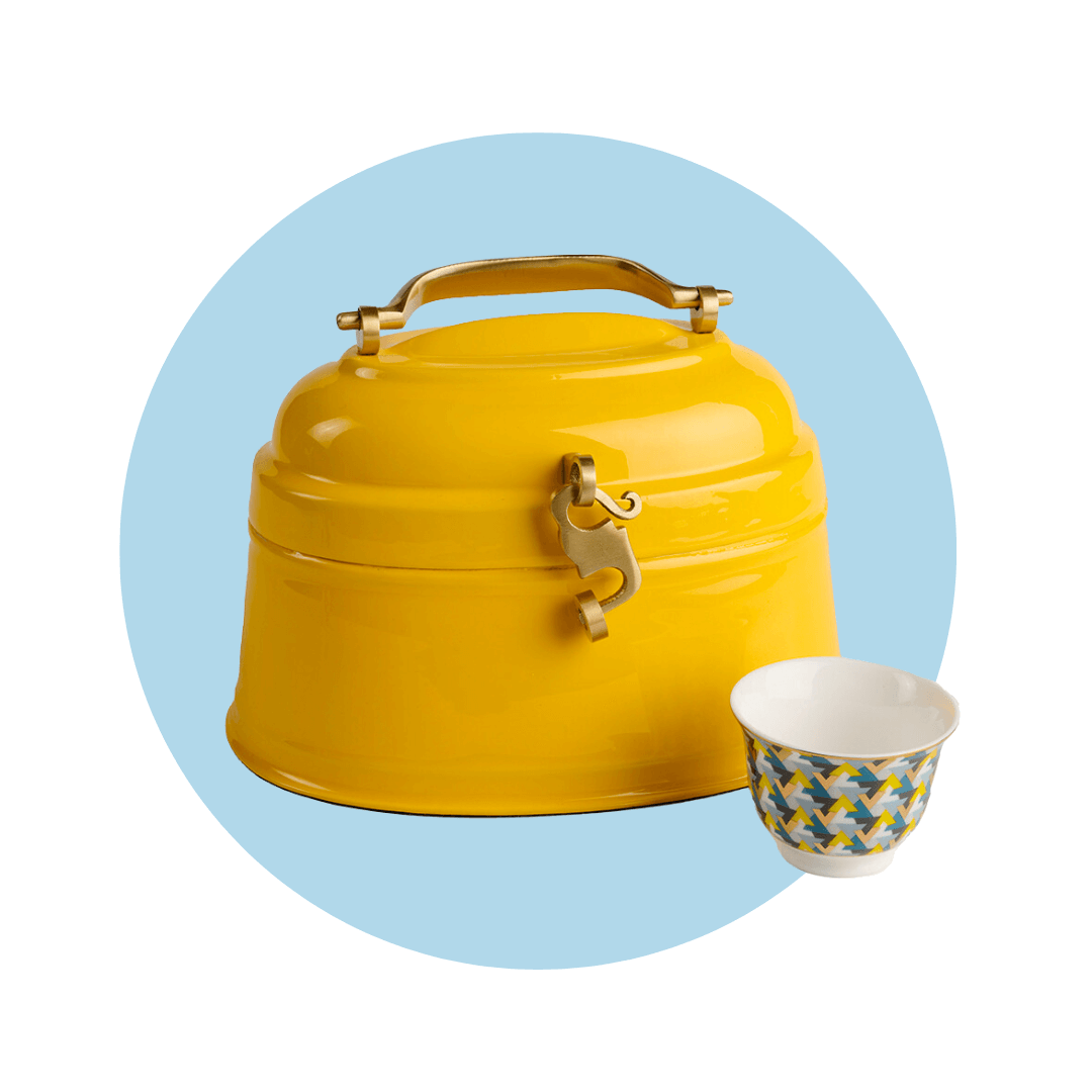 A yellow metal purse with small coffee cup on a light blue circle graphic