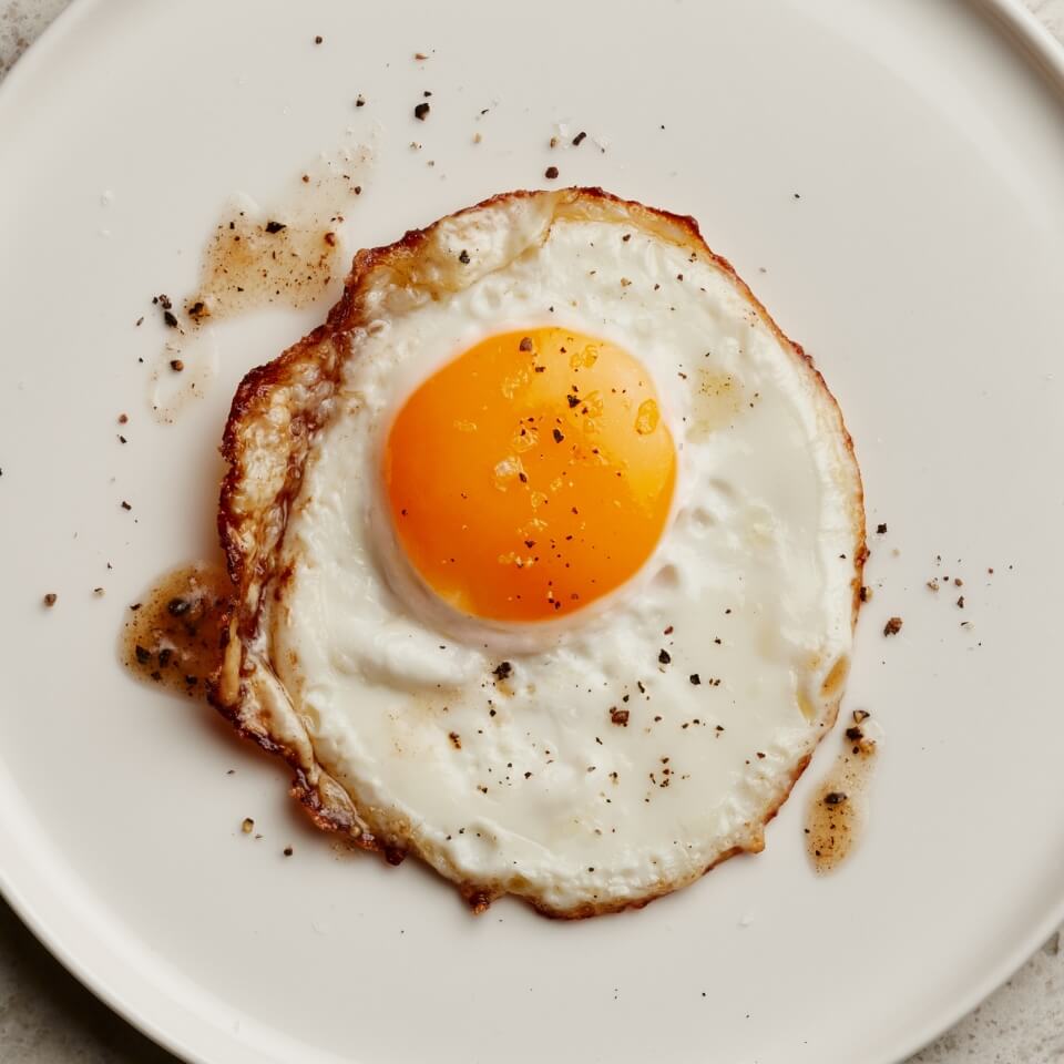 A fried egg on a white plate