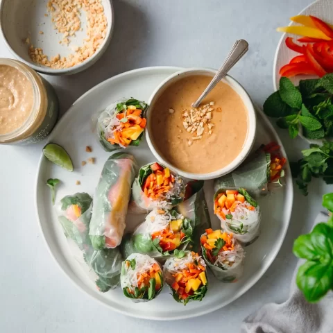 A plate of vegetable spring rolls with peanut sauce on a plate.