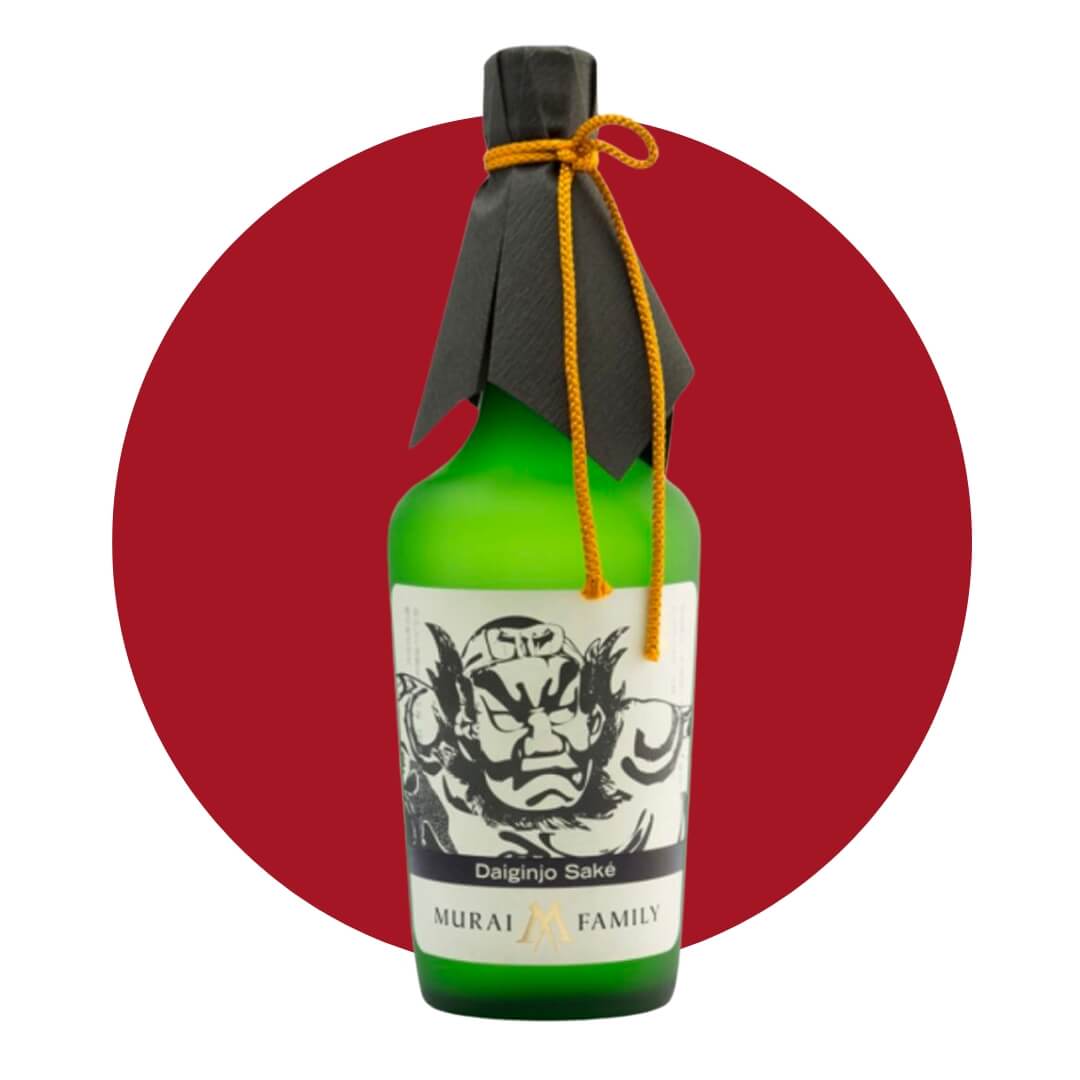 A green sake bottle with Japanese artwork, black cloth and orange string. 