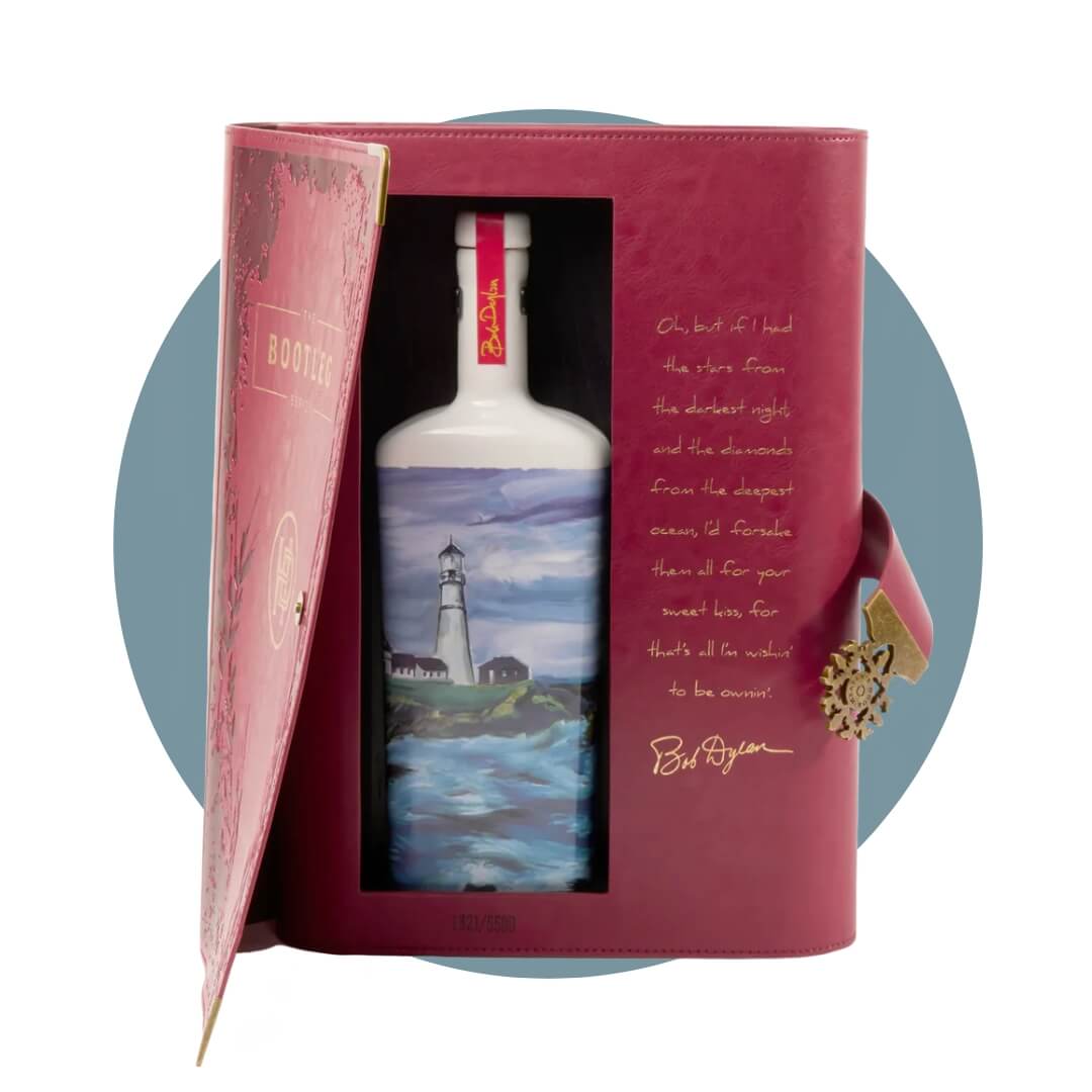 A red leather journal opened to show a hidden compartment with a bottle that has a lighthouse painting over a steel blue circle graphic