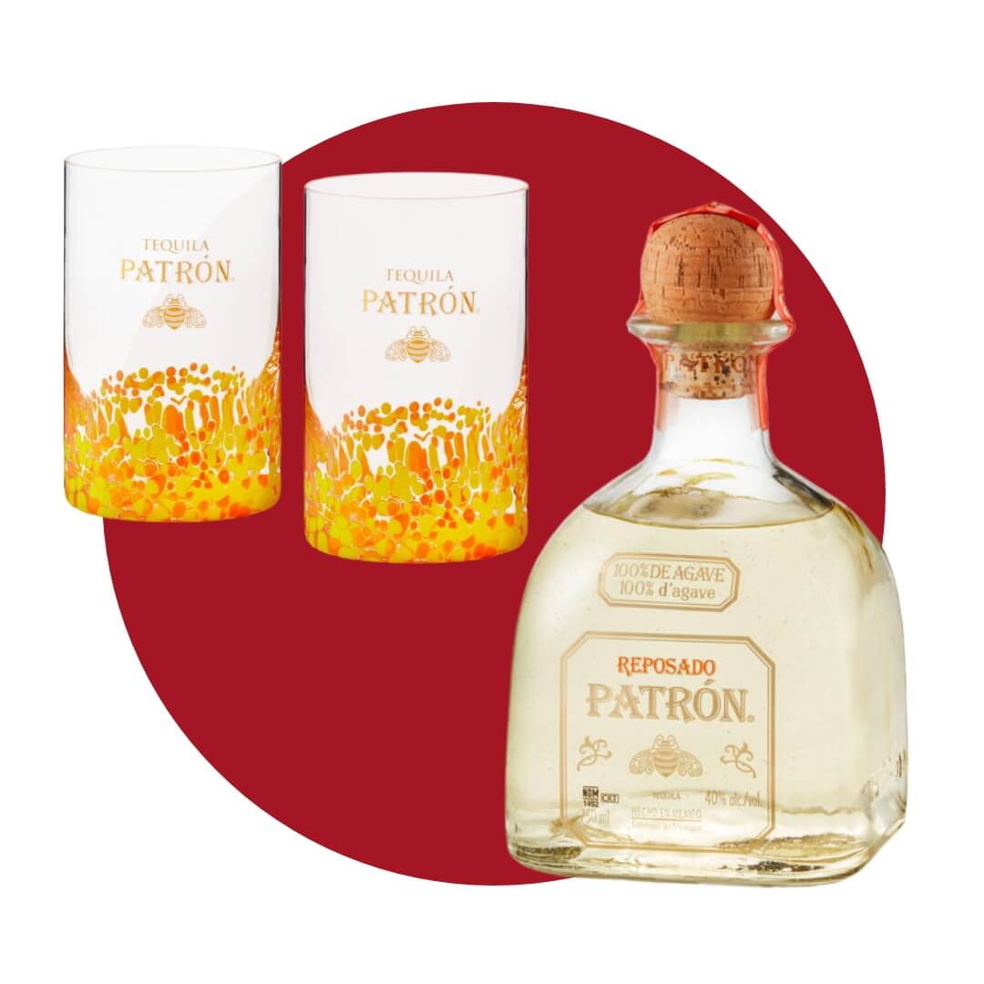 A bottle of Patron tequila and two glasses with a yellow pattern at the base on a red circle graphic