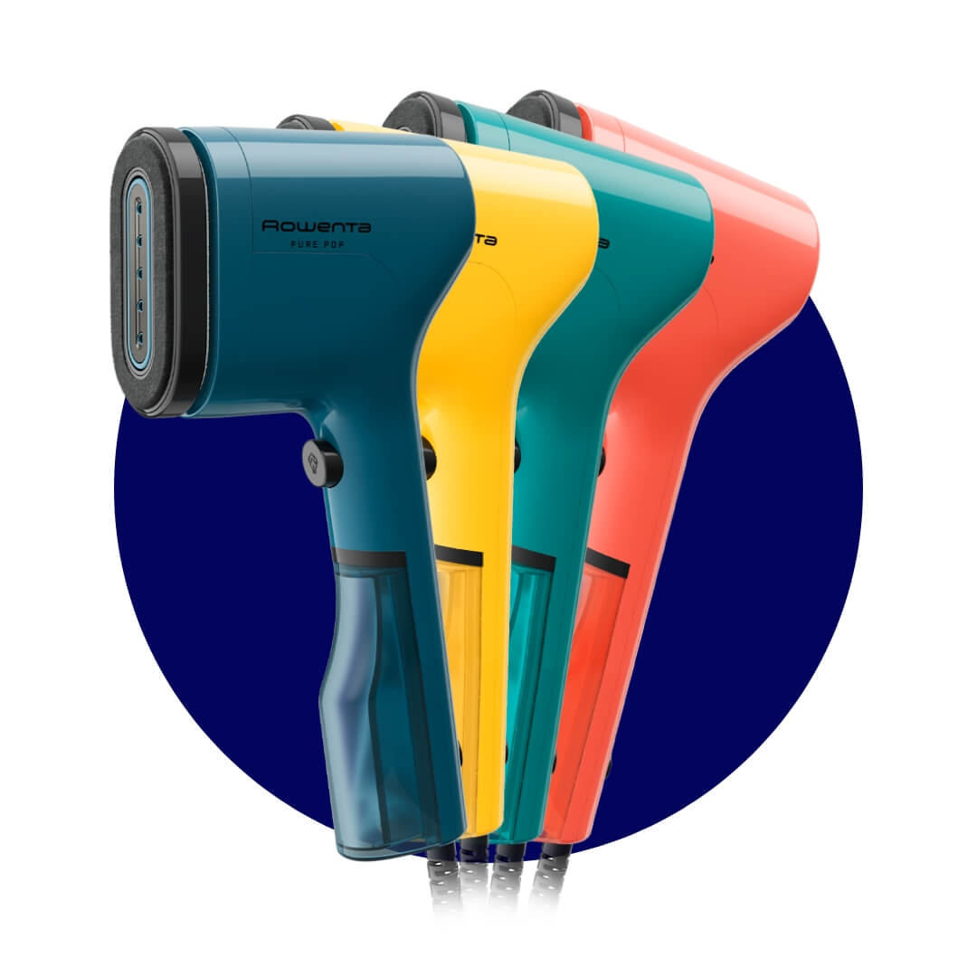 Four handheld drying devices in different colours on a dark blue circle graphic