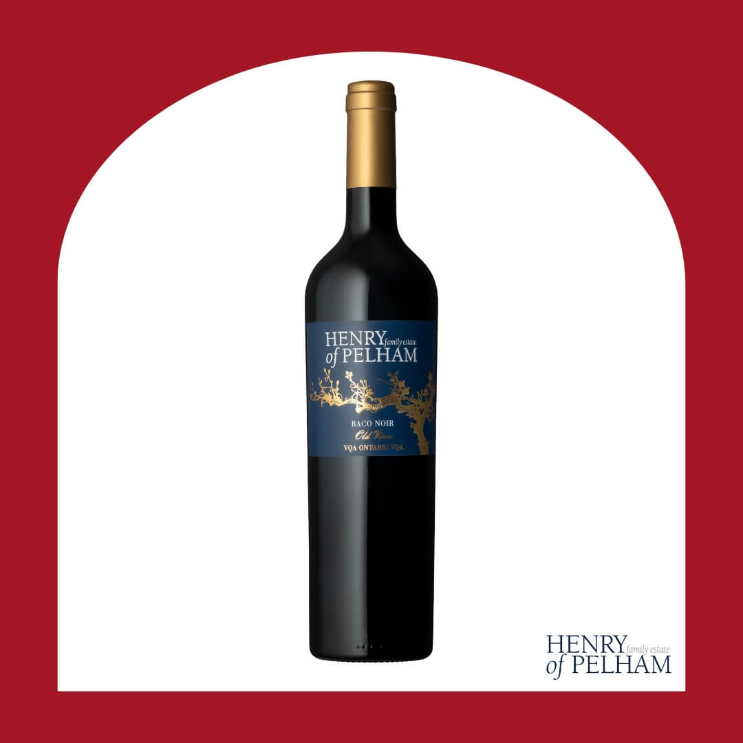 A bottle of red wine with blue and gold detailing in a red arch-shaped frame