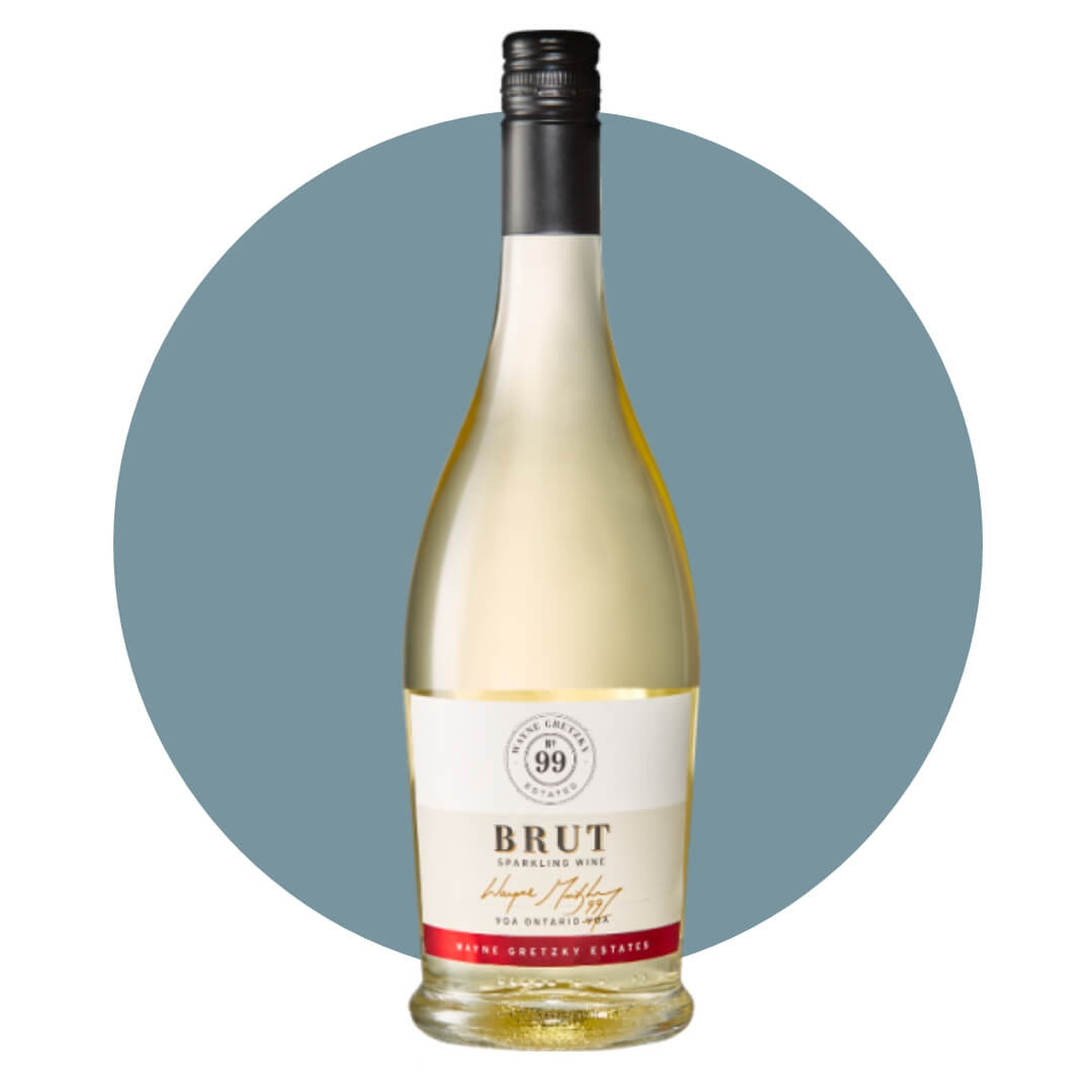 A bottle of white wine on a steel blue circle graphic