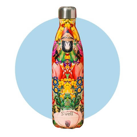 A colourfully-patterned water bottle.