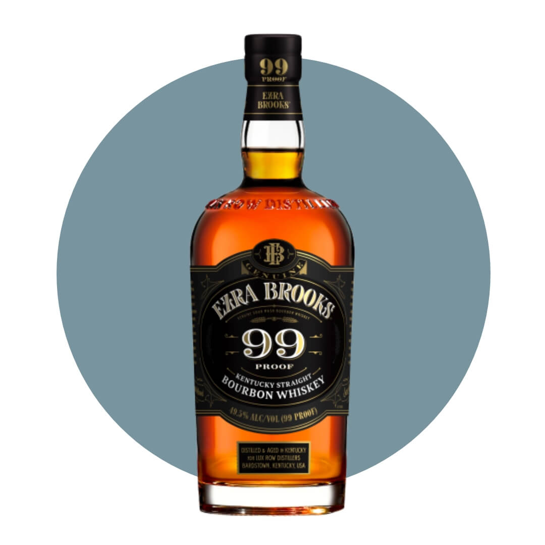 A bottle of Bourbon with a black label on a blue circle graphic