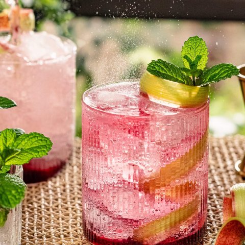 rhubarb cocktail with tonic on rug backgroun styled in garden, sunlight