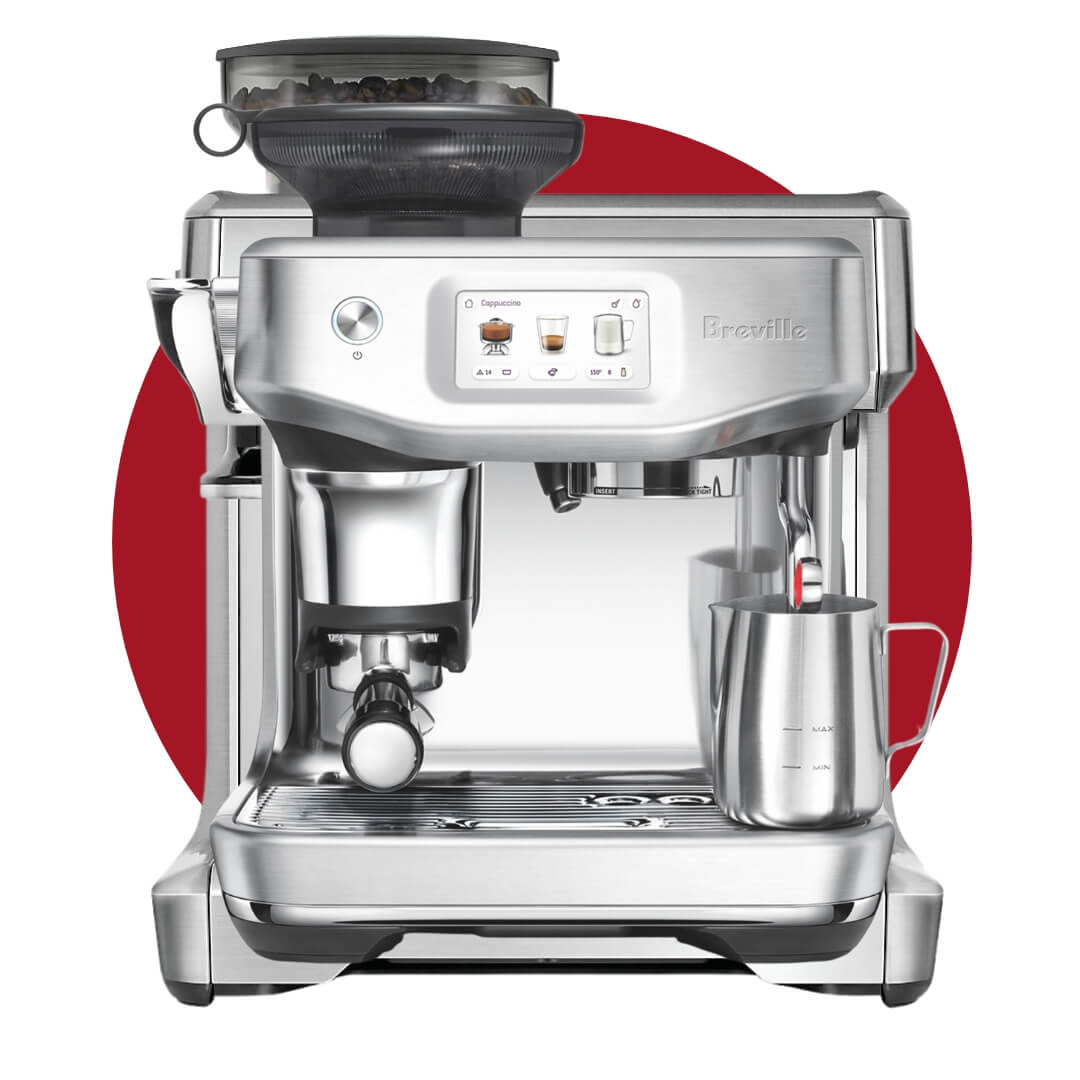 A silver Breville coffee machine with a touch screen on a red circle graphic.
