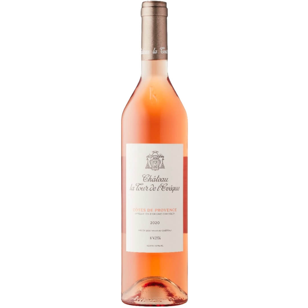 A bottle of rose wine with a white label and metallic cap