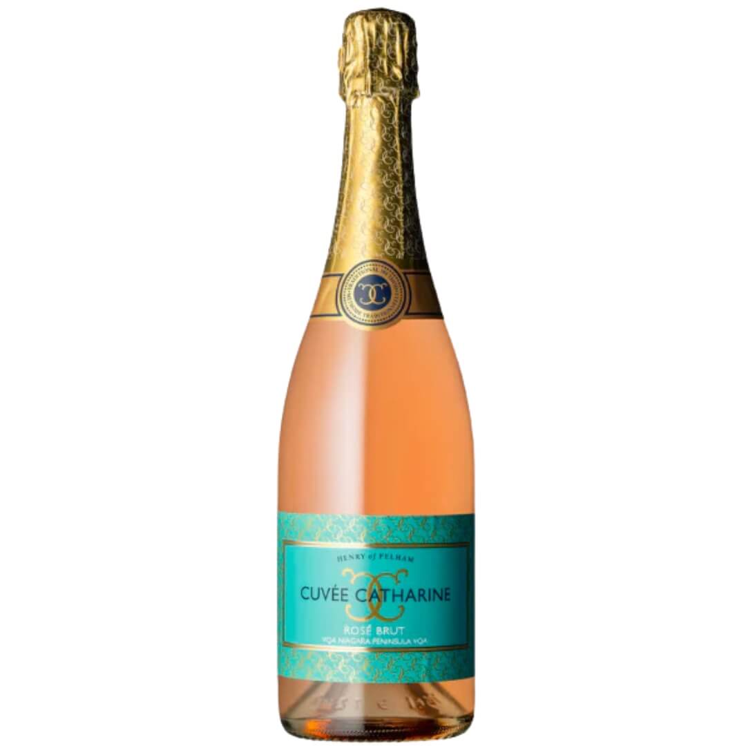 A bottle of rose wine with a blue label and gold foiled cap