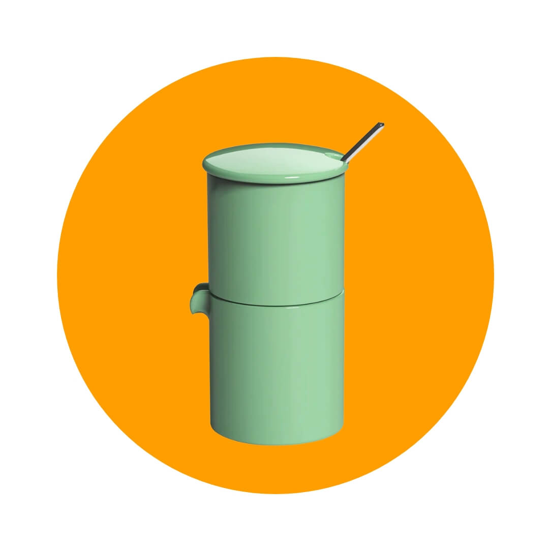 A turquoise serving piece with a spouted creamer as the base and sugar canister with spoon on top over an orange circle graphic.