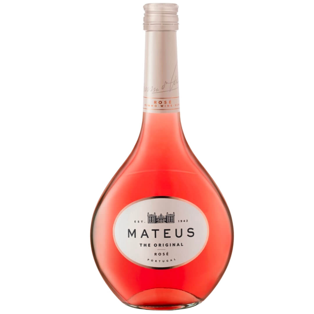 A bulbous bottle of rose wine with a white label and matching cap