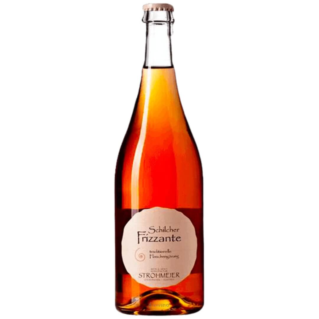 A bottle of amber-hued rose wine with a circular parchment label
