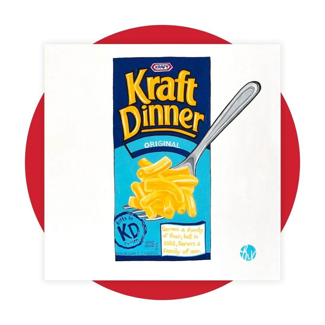 A square white canvas with an illustration of a blue craft dinner box on a red circle graphic