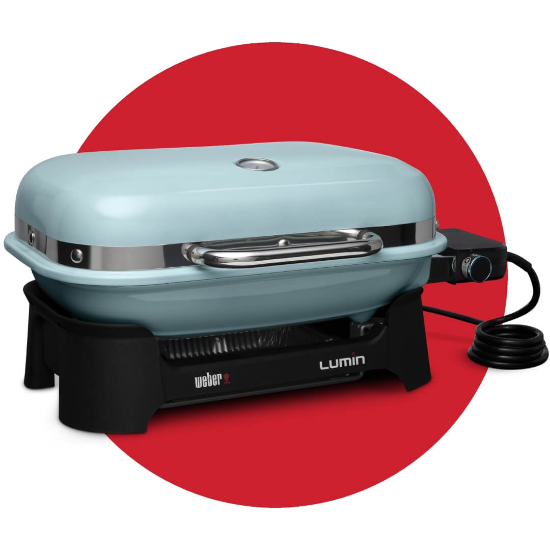 A light blue electric grill on a red circle graphic