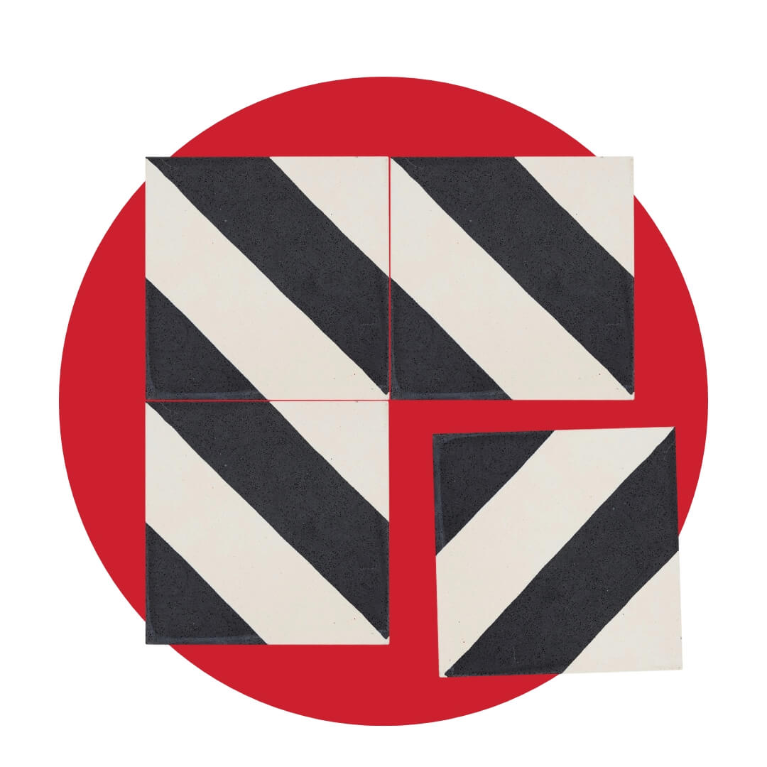 Four black and white striped tiles on a red circle graphic