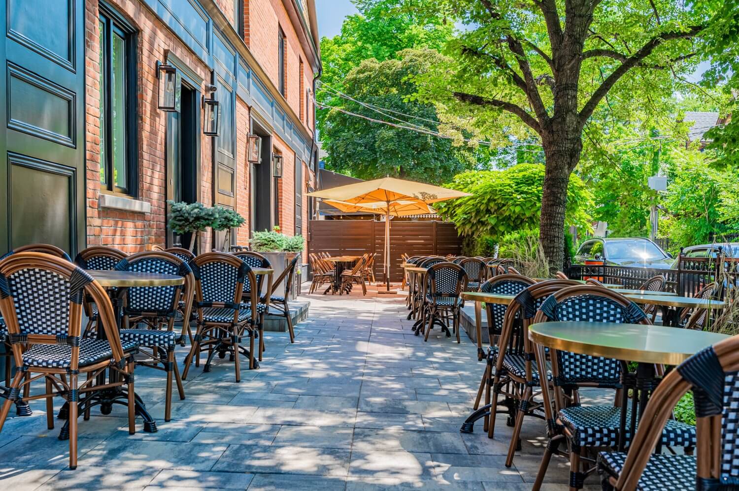 An outdoor patio in a city 