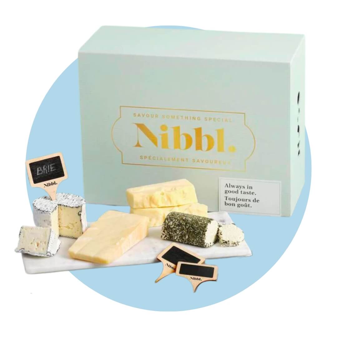 A small marble board with cheeses and a light blue box on a light blue circle graphic