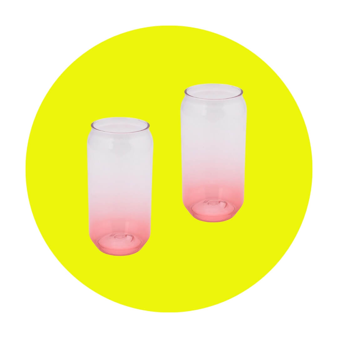 Two ombre pink glasses shaped like cans on a neon yellow circle graphic