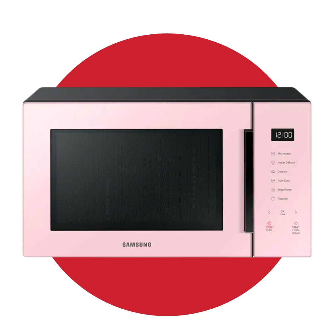 A pink microwave over a red circle graphic