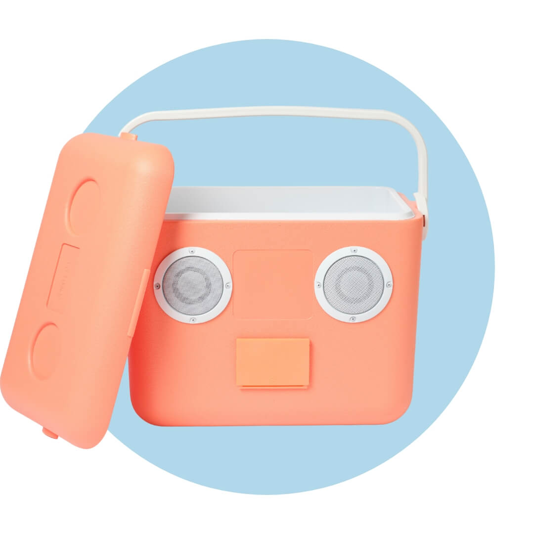 A mango-coloured cooler with speakers on it and its lid off on a light blue circle graphic