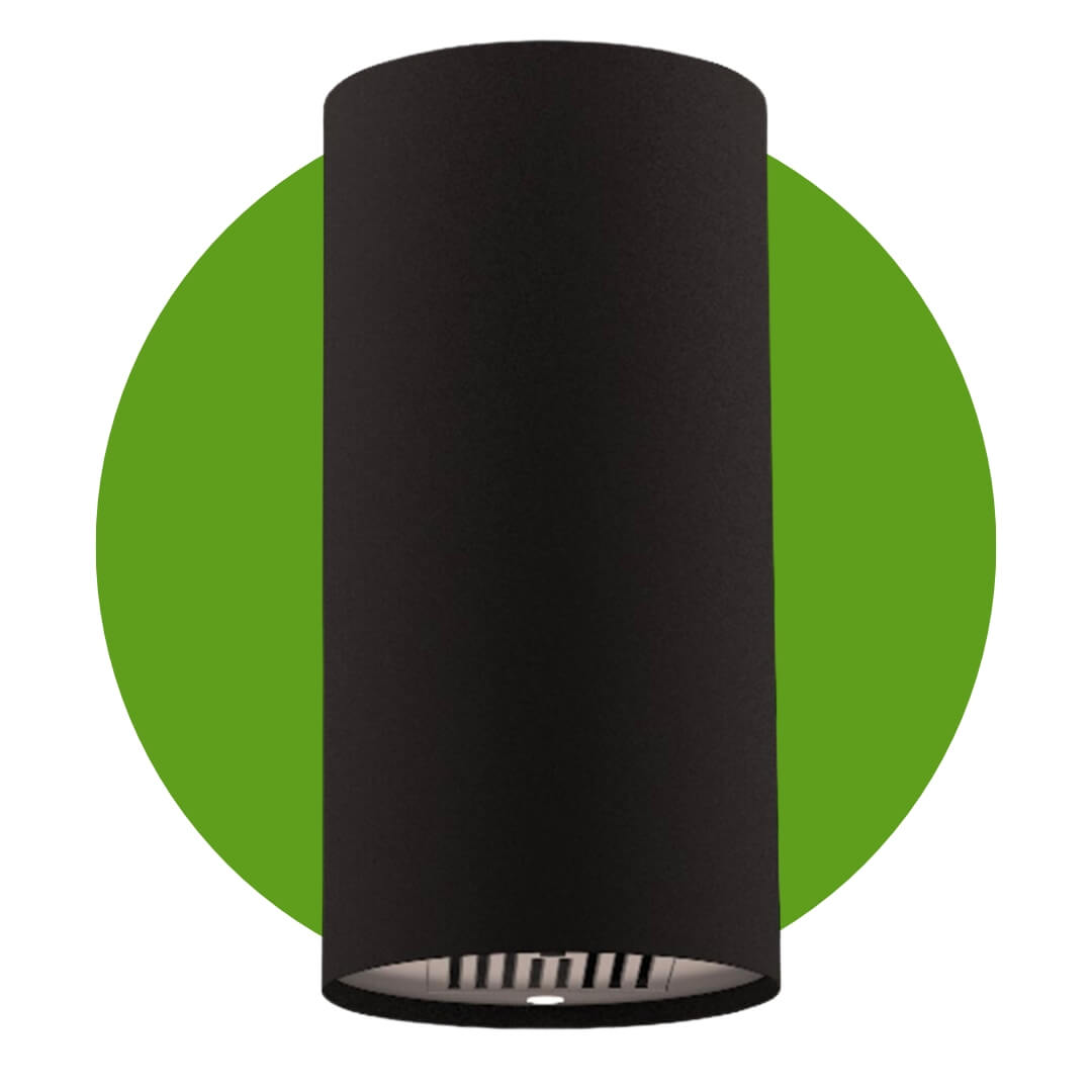 A black cylindrical range hood over a green circle graphic